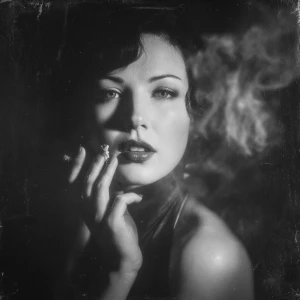 A femme fatale portrait in classic noir style, black and white,...