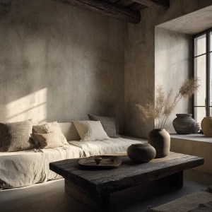 Create an ultra-realistic photograph of a wabi-sabi living room....
