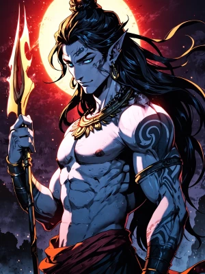 Lord Shiva, majestic and powerful, standing with trident, showin...