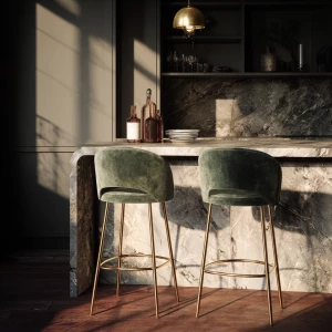 Create a visually striking scene featuring two velvet bar stools...