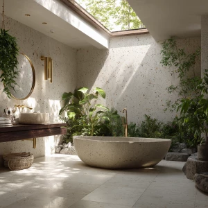 Design a Scandinavian bathroom featuring terrazzo walls, a frees...
