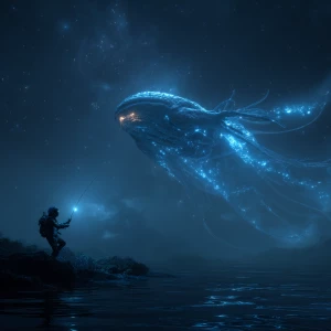 A cinematic photograph of an alien fishing in a surreal cosmic o...
