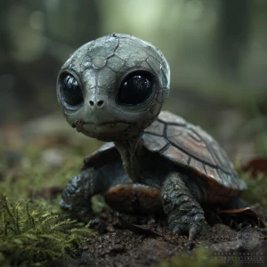 A baby turtle with the head of an alien, large black eyes, grey...