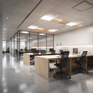 Generate an ultra-photorealistic 3D rendering of a modern office...