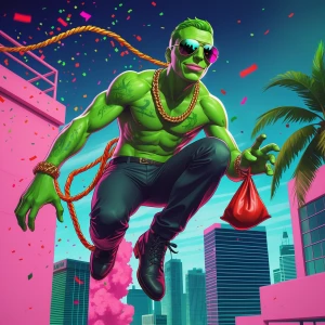 GTA Vice City loading screen action card: cel-shaded green-skinn...