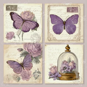 Victorian Mauve Rose Butterflies – 4 Cards (Antique Specimens)...