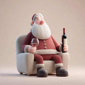 3D pixar figure of santa clause sitting down holding a wine glas...
