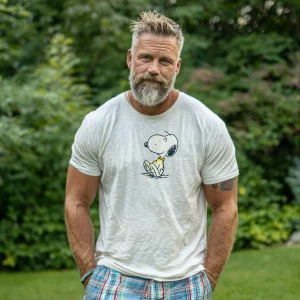 The image shows a 45 year old man bodybuilder with a beard brown...