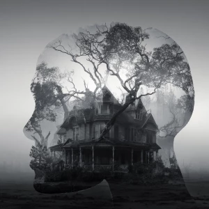 A Victorian gothic mansion in the moonlight, dead twisted trees,...