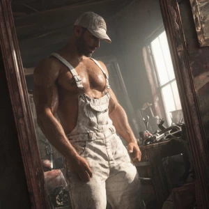 Generate an image of a muscular and hairy handyman without a shi...