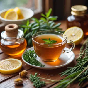 A cozy scene with herbal tea on a table, fresh herbs, lemon slic...