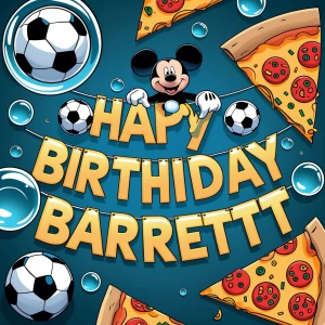 banner states “Happy Birthday Barrett”; decorations: blowing soa...