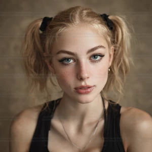 "Photorealistic 35mm half-body photograph of young Caucasian wom...