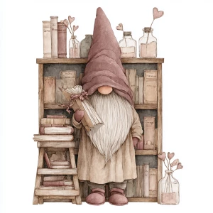 Vintage watercolor illustration, cozy valentine gnome librarian...