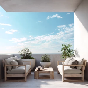 Create an image of a minimalist terrace featuring pale wood furn...