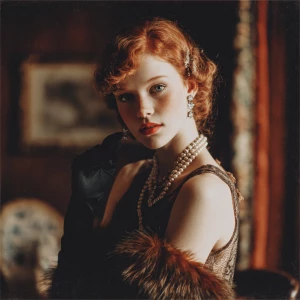 A redhead supermodel dressed in 1920s clothes high end luxury si...