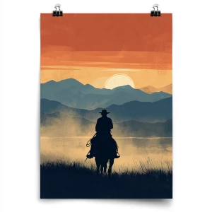 Cinematic western poster style. A lone cowboy on horseback rides...