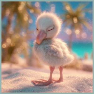A few days old baby flamingo named Flan, with soft pale-gray chi...