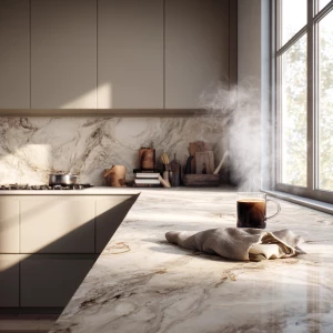 Create an elegant kitchen setting featuring a marble countertop...