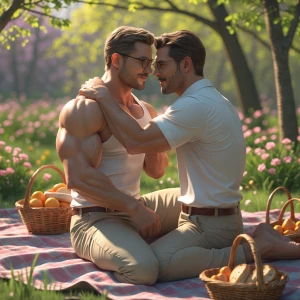 The image is a romantic, hyper realistic of two men engaged in a...