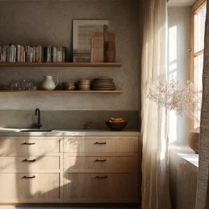 “Japandi kitchen with beige oak cabinets, minimal hardware, micr...