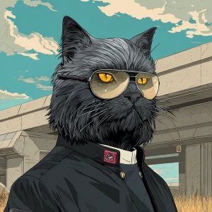 A humanoid cat character with a sleek black fur coat, wearing a...