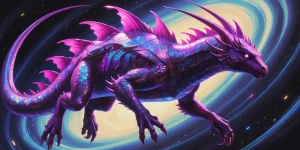 A shimmering magenta-hued quantum quillback creature, its irides...