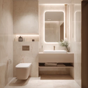 Capture a full view of a tiny yet luxurious bathroom featuring a...