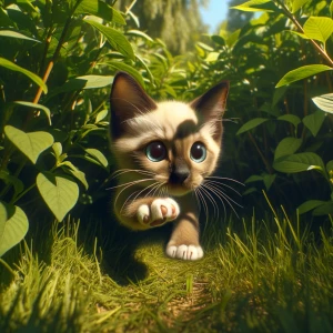 A Siamese kitten comes out of the bushes into a clearing, sits d...
