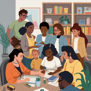 Illustrate a scene for World Social Work Day on March 17th: Show...