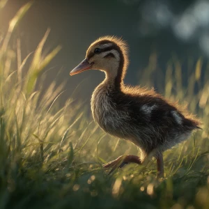 A baby call duck waddles gently through soft green grass in warm...