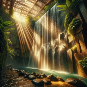 Shower 5 – Waterfall Veil Room: An open-air sanctuary carved fro...