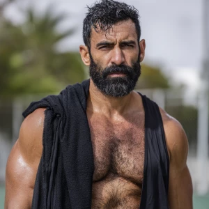 The image shows a man with a muscular, hairy physique standing o...