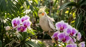 A beautiful cockatiel perched on a blooming orchid branch, its s...