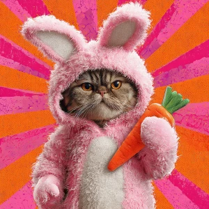 A humanoid cat dressed in a fluffy pink bunny costume, complete...
