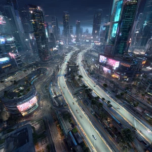 Visualize street view wide shots of a dystopian Los Angeles reim...