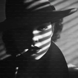 “Portrait noir of a mysterious woman, 1940s film noir style; tig...