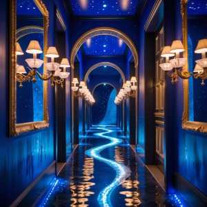Sapphire-Gilded Hallway: A grand corridor bathed in deep sapphir...