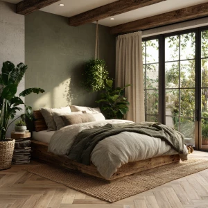 Photorealistic high-resolution image of a biophilic bedroom inte...