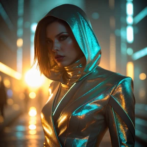 In the ethereal holographic neon-noir amalgam, a figure emerges...