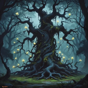 In the center of a twisted, enchanted forest, a towering tree wi...