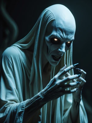 A nearly human figure, but with skin ghastly white, eyes deeply...