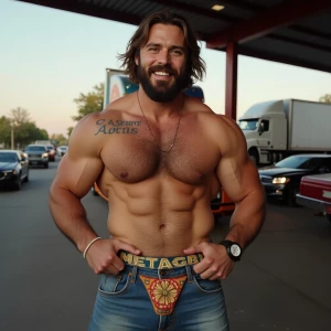A rugged trucker with a hairy, muscular body confidently flaunti...