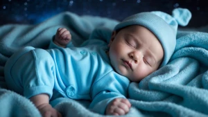 A cute baby peacefully sleeping on a soft cozy blanket, both the...
