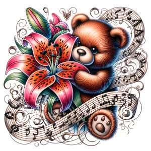 teddy bear with music notes playing behind it with a tiger Lily...