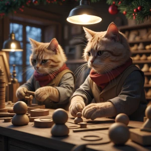 Des chats sont habillés en lutins et travaillent dans l'atelier...