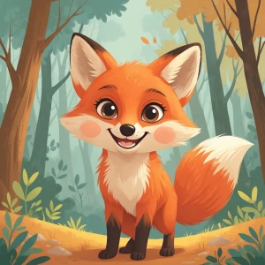 cute little fox named Rubi, smiling happily, standing in a fores...