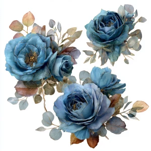 Transparent PNG bouquet (3 variants): peacock-blue roses + eucal...