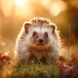 ultra-cute baby hedgehog sitting in soft woodland grass at golde...