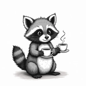 Create a detailed monochromatic illustration of a cute raccoon h...